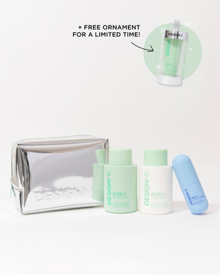 Hydration & shine signature kit on a grey background. Bubble in top right corner that includes a free hair ornament for a limited time.