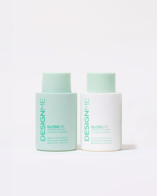 Front view of GLOSS.ME Hydrating Shampoo & Conditioner (300 ml) in green and white bottles from the Hydrating Wash Day Bundle.