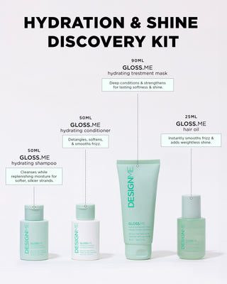 Hydration & Shine Mini Set: GLOSS.ME Shampoo & Conditioner (50ml), Treatment Mask (90ml), and Hair Oil (58ml) for moisture balance, shine, and frizz control.