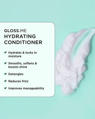 Close-up of GLOSS.ME Hydrating Conditioner texture showing hydration, detangling, smoothing, shine boost, and frizz reduction.