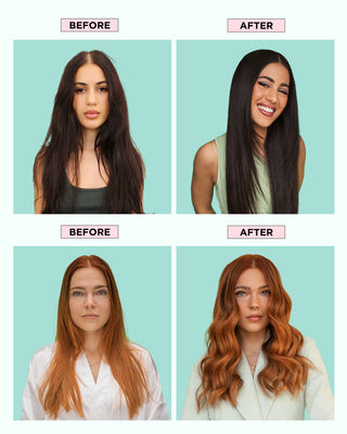 Before and after of two models showing improved moisture, softness, shine, and frizz control after using GLOSS.ME Hydration & Shine Mini Set