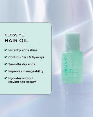 GLOSS.ME hair oil instantly adds shine, controls frizz, smooths dry ends and improves manageability.