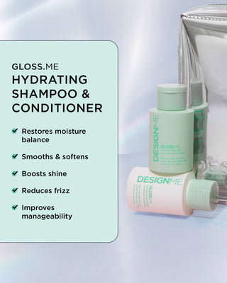 GLOSS.ME hydration shampoo & conditioner restores moisture balance, smooths, softens, boosts shine, reduces frizz.