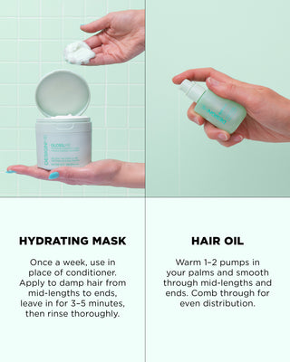 Instructions for using the hydration boost duo products together include GLOSS.ME hydrating treatment mask and GLOSS.ME hair oil.