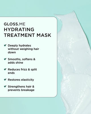 Close-up of GLOSS.ME hydrating treatment mask with benefits: deep moisture, smoothness, shine boost, frizz control, elasticity restoration, and hair strengthening.