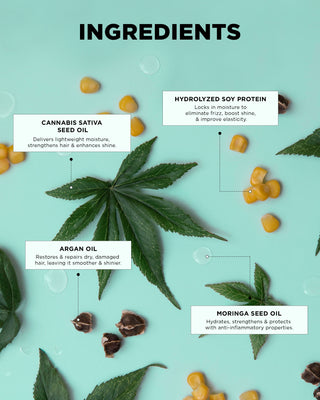 Ingredients in the hydration boost duo include cannabis sativa seed oil, hydrolyzed soy protein, argan oil, and moringa seed oil on a light green background.