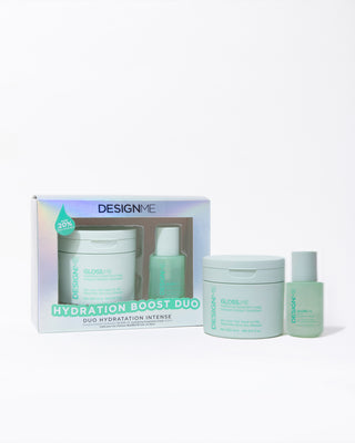 Hydration Boost duo includes GLOSS.ME hydrating treatment mask & GLOSS.ME hair oil on a white background.
