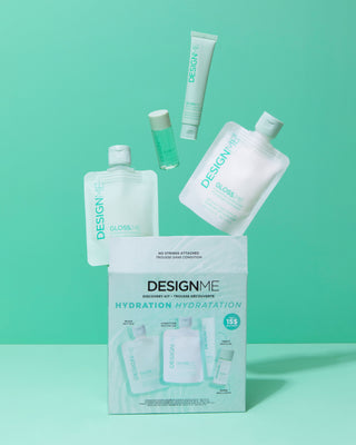 DESIGNME Hydrating Discovery Kit displayed with its shine- and hydration-enhancing hair care products.