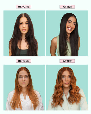 Models on the left with dull, dry strands. On the right is shiny, healthy looking hair after using hydration & shine signature kit. 