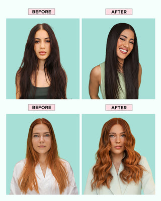 Dry, dull strands on the left, with shiny and healthy-looking hair on the right.