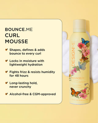 List of benefits of BOUNCE.ME curl mousse including curl definition, hydration, and frizz control for all waves, curls, and coils.