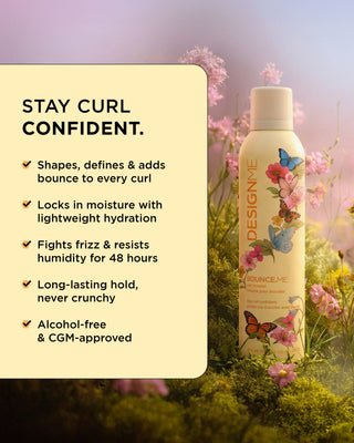 List of benefits of BOUNCE.ME curl mousse including curl definition, hydration, and frizz control for all waves, curls, and coils.