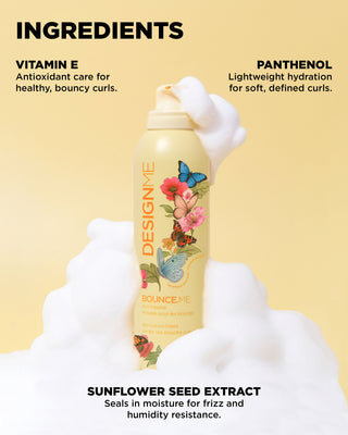 Highlighting the key ingredients found in BOUNCE.ME curl mousse such as Vitamin E, Panthenol and Sunflower Seed Extract.