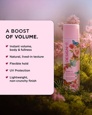 Image of the PUFF.ME dry texture spray bottle with key features and benefits including instant volume, body & fullness.