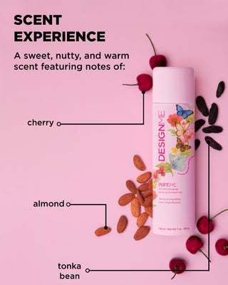 Scent cues for PUFF.ME dry texture spray with floral and fruity notes including cherry, almond and tonka bean.