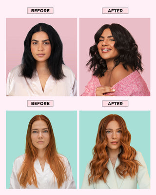 Before and after of two models using Mask Minis Bundle, showing smoother, shinier, healthier hair with added volume and body.