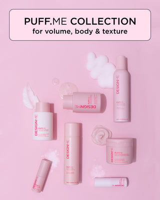 PUFF.ME Collection displayed with all products, showcasing textures like powders, sprays, and creams.