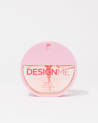 PUFF.ME hair and body fragrance mist on a grey background.