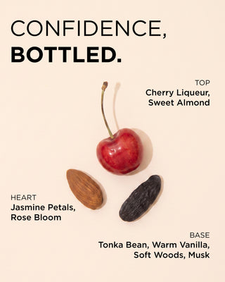 PUFF.ME hair and body fragrance mist top notes include cherry liqueur, sweet almond. Heart notes include jasmine petals, rose bloom. Base notes include tonka bean, warm vanilla, soft woods and musk.