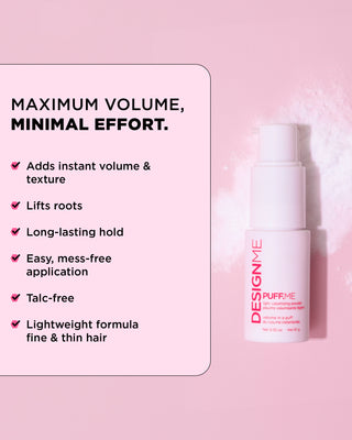 Image of PUFF.ME Light Volumizing Powder next to a features and benefits 6 points list