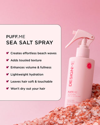 PUFF.ME sea salt spray creates effortless beach waves, tousled texture, lightweight hydration, wont dry hair out.