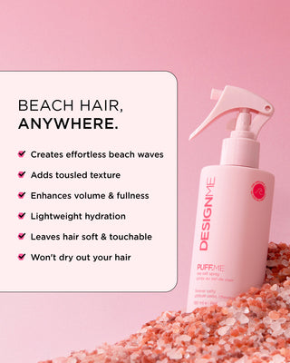 Image of PUFF.ME sea salt spray bottle with key features and benefits: Creates effortless beach waves, adds tousled texture for volume & fuller-looking hair. Soft hold, no crunch or stiffness. Lightly hydrates and won't dry hair out.