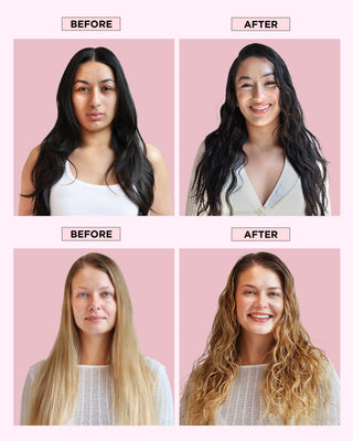 Model on the left with straight, flat hair. On the right is a model with soft, beachy waves after using PUFF.ME sea salt spray.