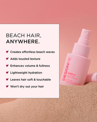 PUFF.ME sea salt spray creates effortless beach waves, adds tousled texture, enhances volume, leaves hair soft.