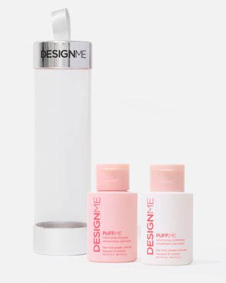 PUFF.ME shampoo & conditioner ornament displayed outside packaging on a grey background.