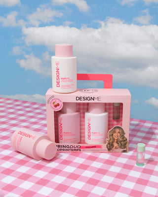 PUFF.ME spring duo for volume sitting on a pink gingham blanket.