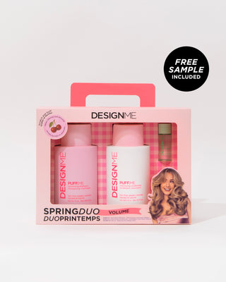 PUFF.ME Spring duo for volume on a grey background with a bubble saying Free sample included