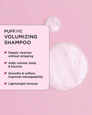 PUFF.ME spring duo volumizing shampoo deeply cleanses without stripping, adds volume, body & bounce, smooths and softens.