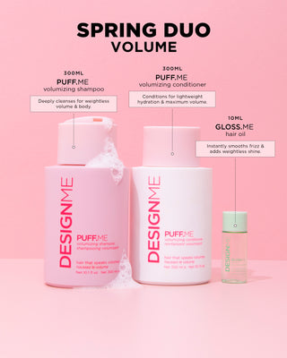 PUFF.ME Spring duo for volume includes 300ml PUFF.ME volumizing shampoo, 300ml PUFF.ME volumizing conditioner and 10ml GLOSS.ME hair oil.