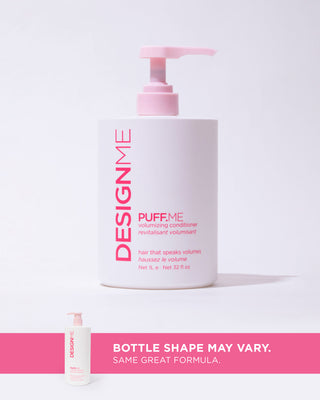Front view of the PUFF.ME Volumizing Conditioner 1L bottle with a pump for easy use with callout bottle shape may vary. Same great formula.
