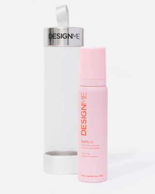 PUFF.ME volumizing mousse sits outside the ornament container, displayed on a grey background.