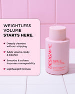 Image of the PUFF.ME Volumizing Shampoo bottle with key features: gently cleanses, boosts volume and bounce, smooths and softens, lightweight formula.