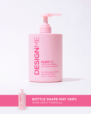 Front view of the PUFF.ME Volumizing Shampoo 1L bottle with a pump for easy use with callout bottle shape may vary. Same great formula.