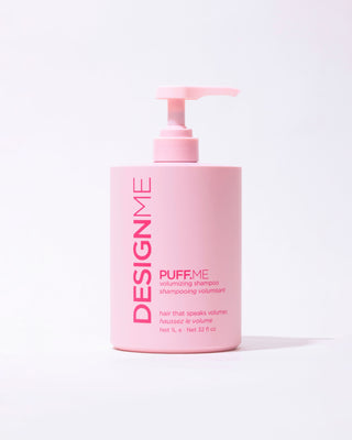 Front view of the PUFF.ME Volumizing Shampoo 1L bottle with a pump for easy use.