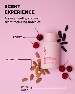 Photo of PUFF.ME Volumizing Shampoo bottle surrounded by icons of cherry, almond, and tonka bean, highlighting its sweet, nutty, and warm scent experience.