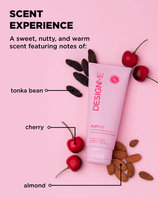 PUFF.ME volumizing treatment whip ornament scent experience includes notes of tonka bean, cherry and almond.