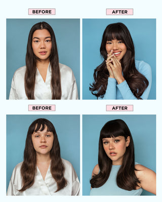 Model before and after using QUICKIE.ME dry shampoo duo. Greasy, flat hair on the left, refreshed, clean hair on the right.