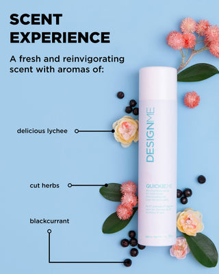 QUICKIE.ME dry shampoo has a fresh and reinvigorating scent with aromas of delicious lychee, cut herbs and blackcurrant.