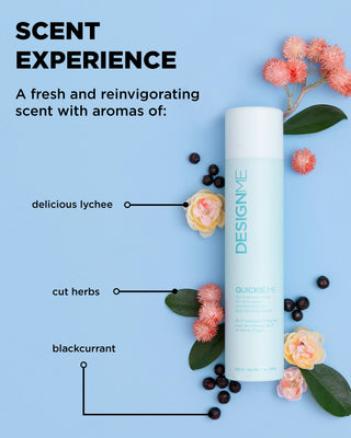 QUICKIE.ME dry shampoo has a fresh and reinvigorating scent with aromas of delicious lychee, cut herbs and blackcurrant.