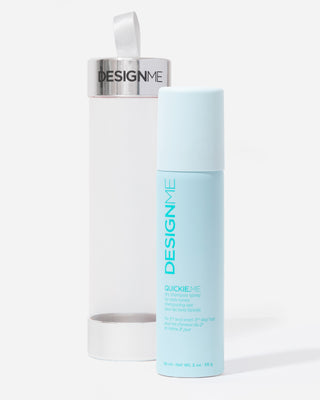 QUICKIE.ME dry shampoo for dark tones displayed outside its packaging on a grey background.