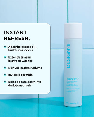Image of the QUICKIE.ME Dry Shampoo for Dark Tones bottle with key features and benefits
