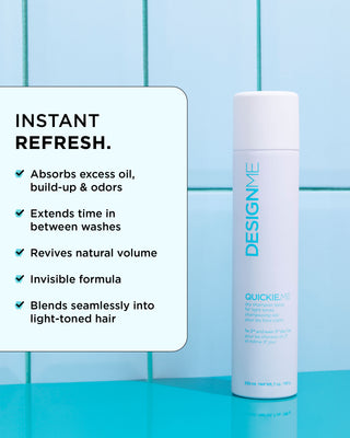 Image of the QUICKIE.ME Dry Shampoo for Light Tones bottle with key features and benefits