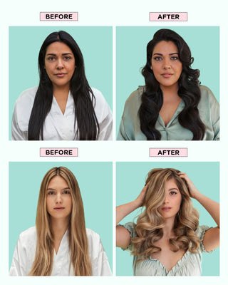 Before and after of two models showing improved moisture, softness, shine, and frizz control after using GLOSS.ME Shine & Strength Bundle