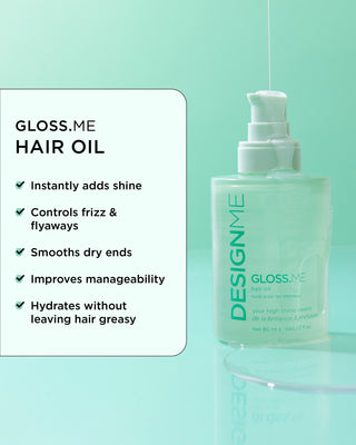GLOSS.ME hair oil adds shine, controls frizz, smooths dry ends and hydrates without feeling greasy.