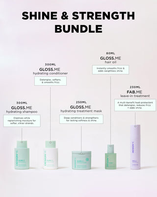Shine & Strength Bundle with GLOSS.ME Shampoo & Conditioner (300ml), Treatment Mask (250ml), Hair Oil (80ml), and FAB.ME Leave-In Treatment (230ml) for shine, moisture, and frizz control.