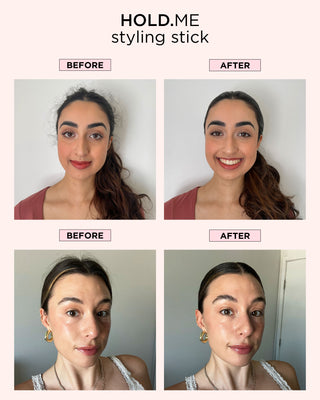 Models before and after uses DESIGNME HOLD.ME Styling Stick leaving a sleek, glossy, flake-free finish.